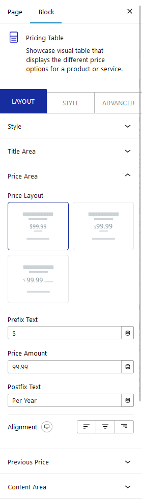 pricing table price area