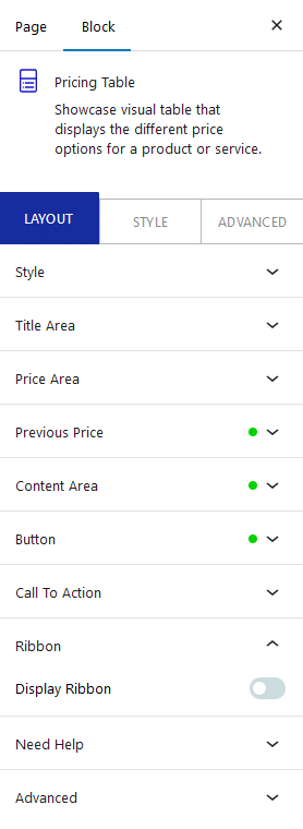 pricing table ribbon