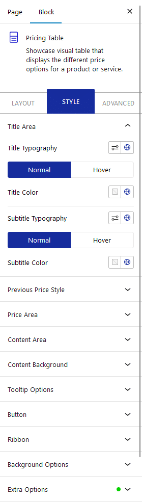 pricing table style tab