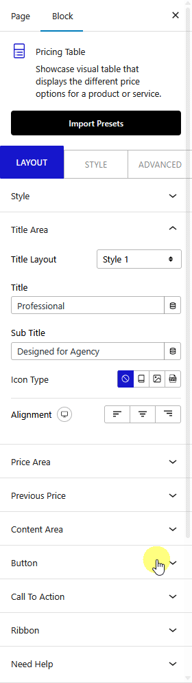 pricing table title area new