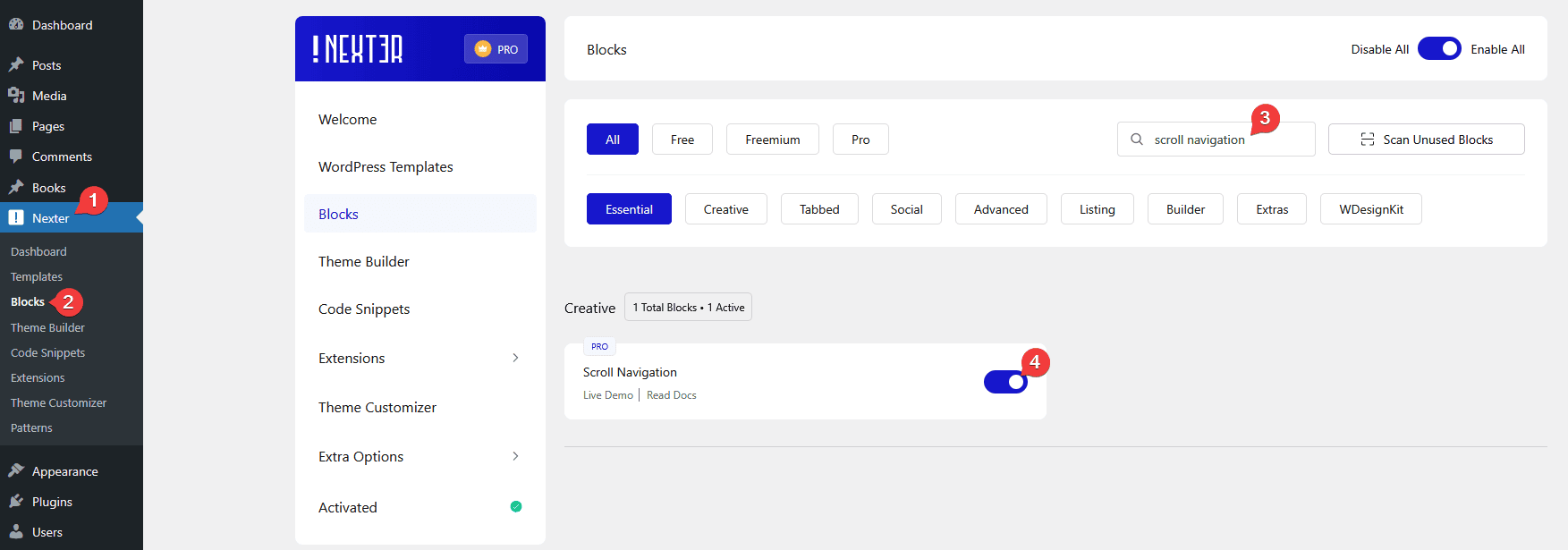 scroll navigation activate new