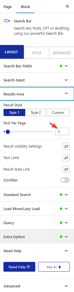 searchbar result area post per page