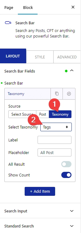 searchbar taxonomy tags