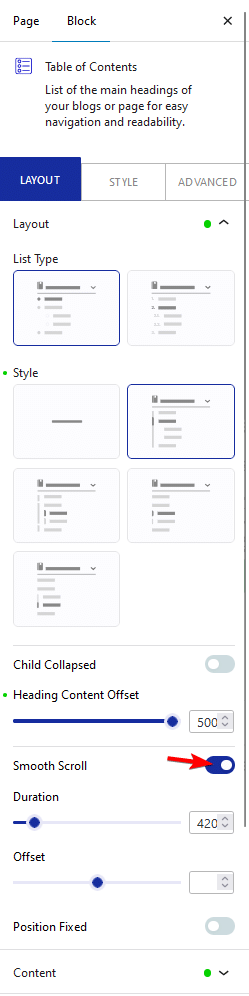 tableofcontent smooth scroll