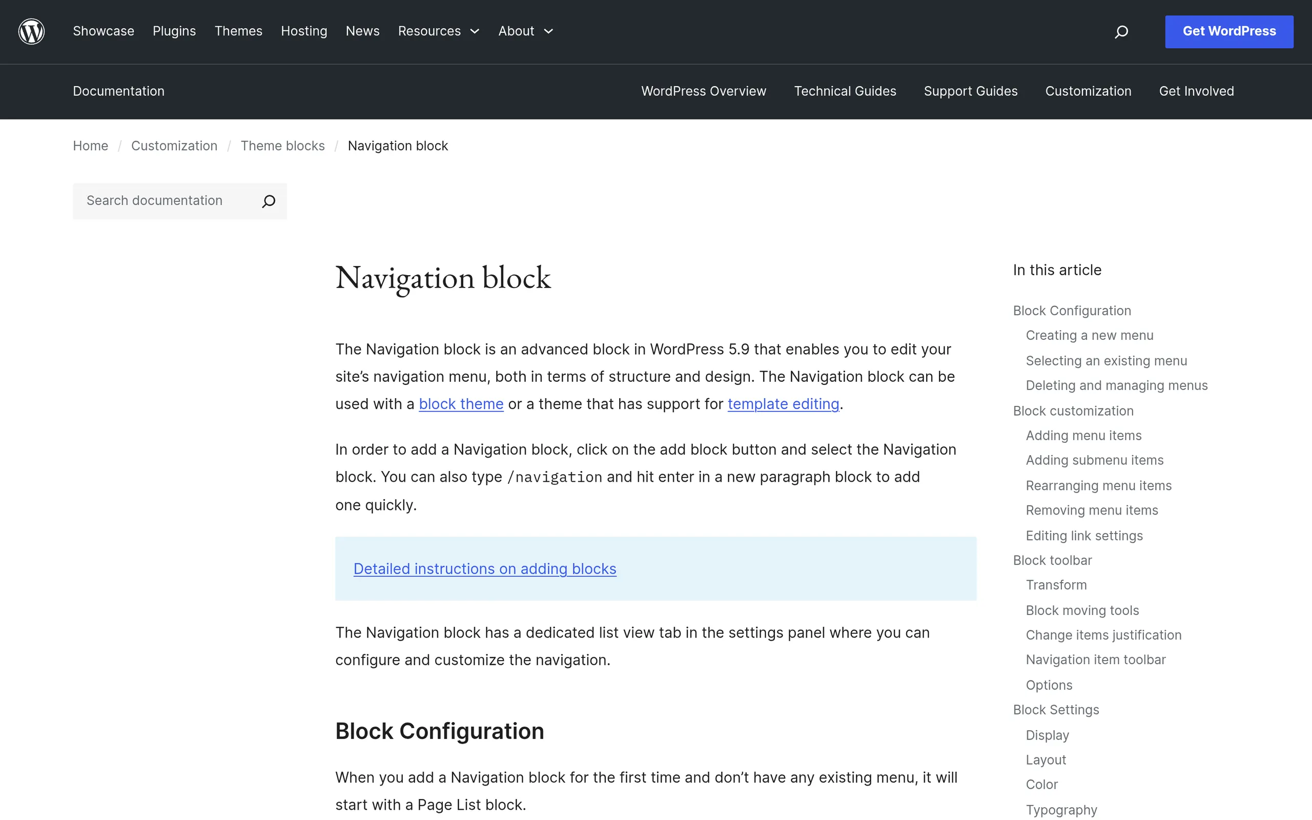 Editing a WordPress menu with the Navigation block in the Site Editor on a block theme