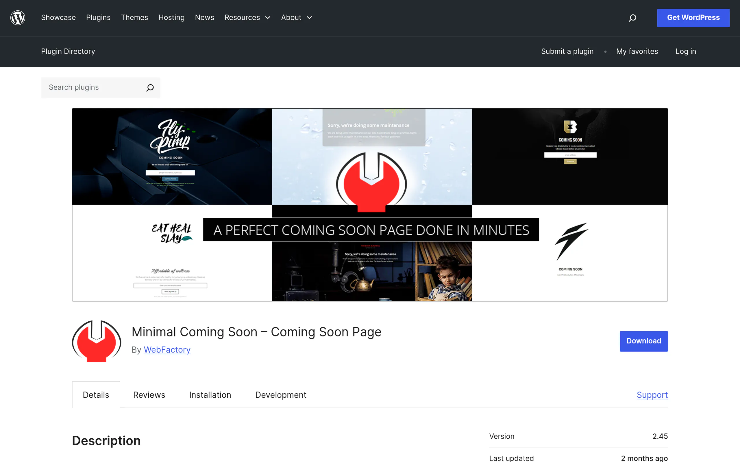 Minimal Coming Soon plugin listing on WordPress.org showing 100,000 active installs and version 2.45