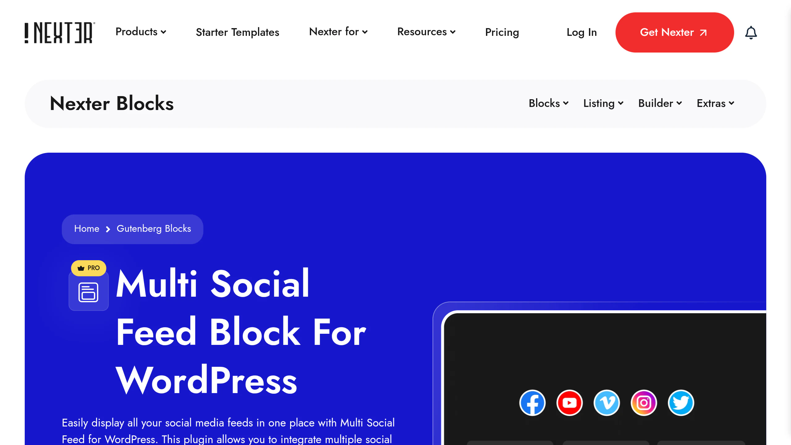Multi Social Feed block page on the Nexter Blocks site, marked PRO