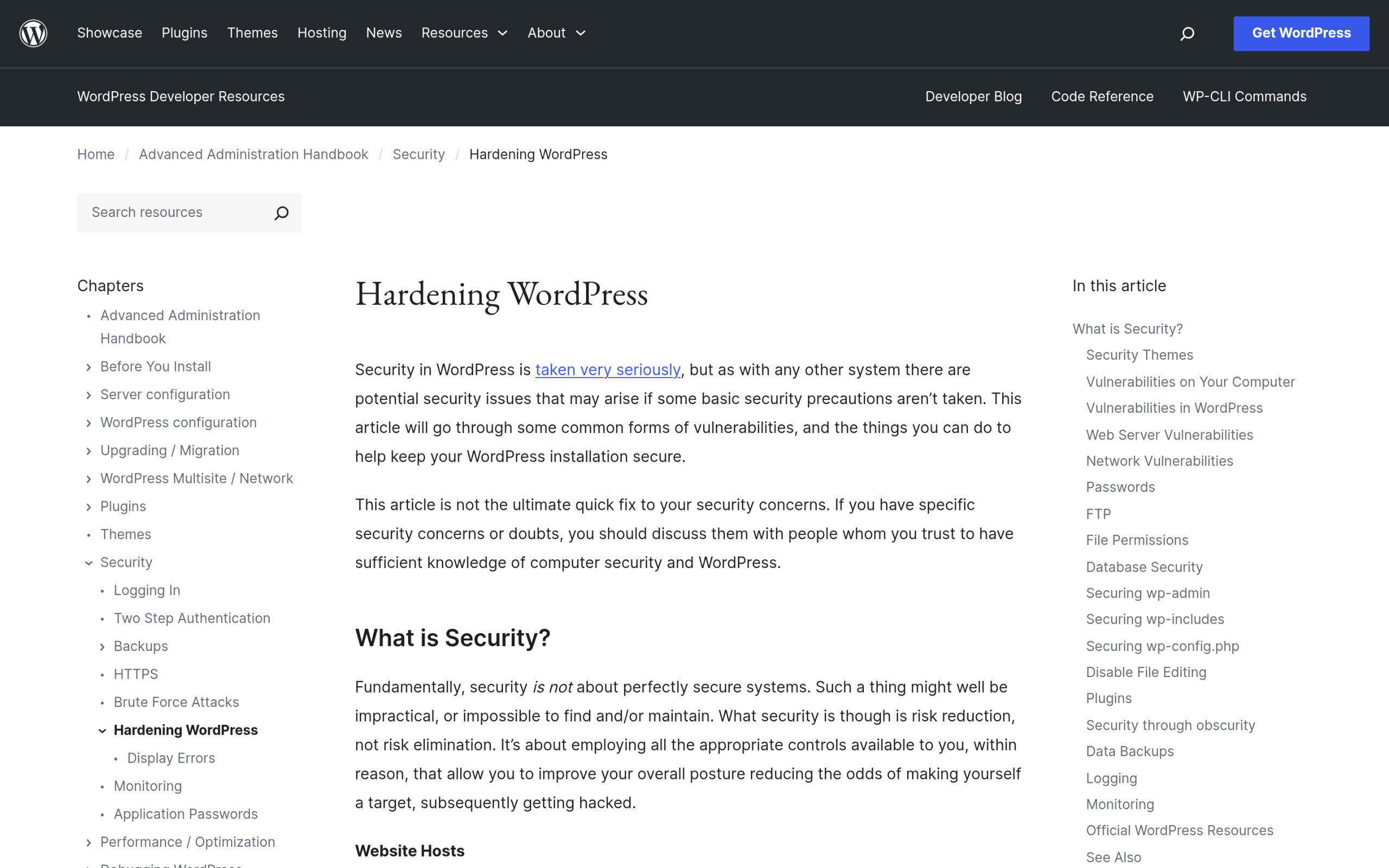 The official WordPress Hardening documentation page on developer.wordpress.org
