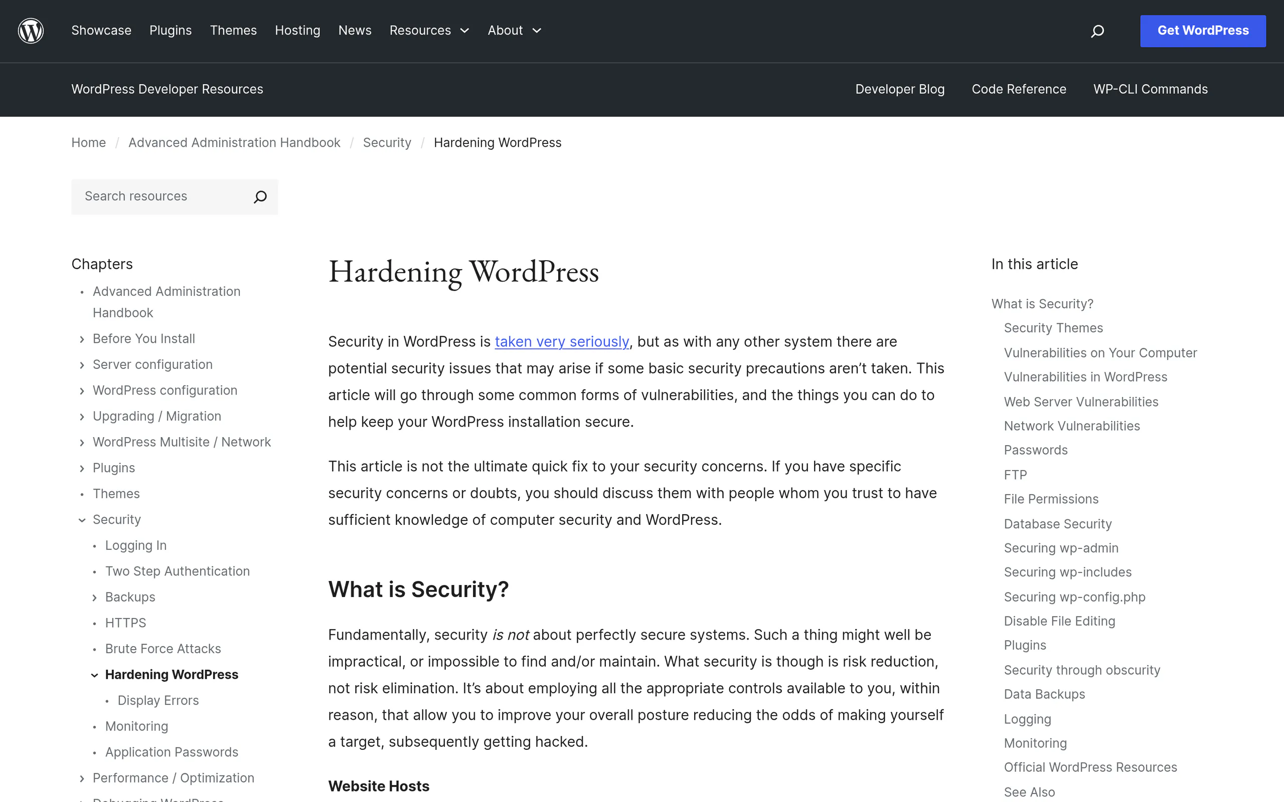 The official WordPress Hardening documentation page on developer.wordpress.org