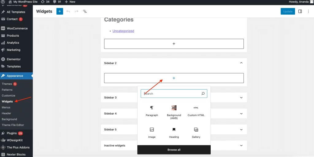 WordPress dashboard