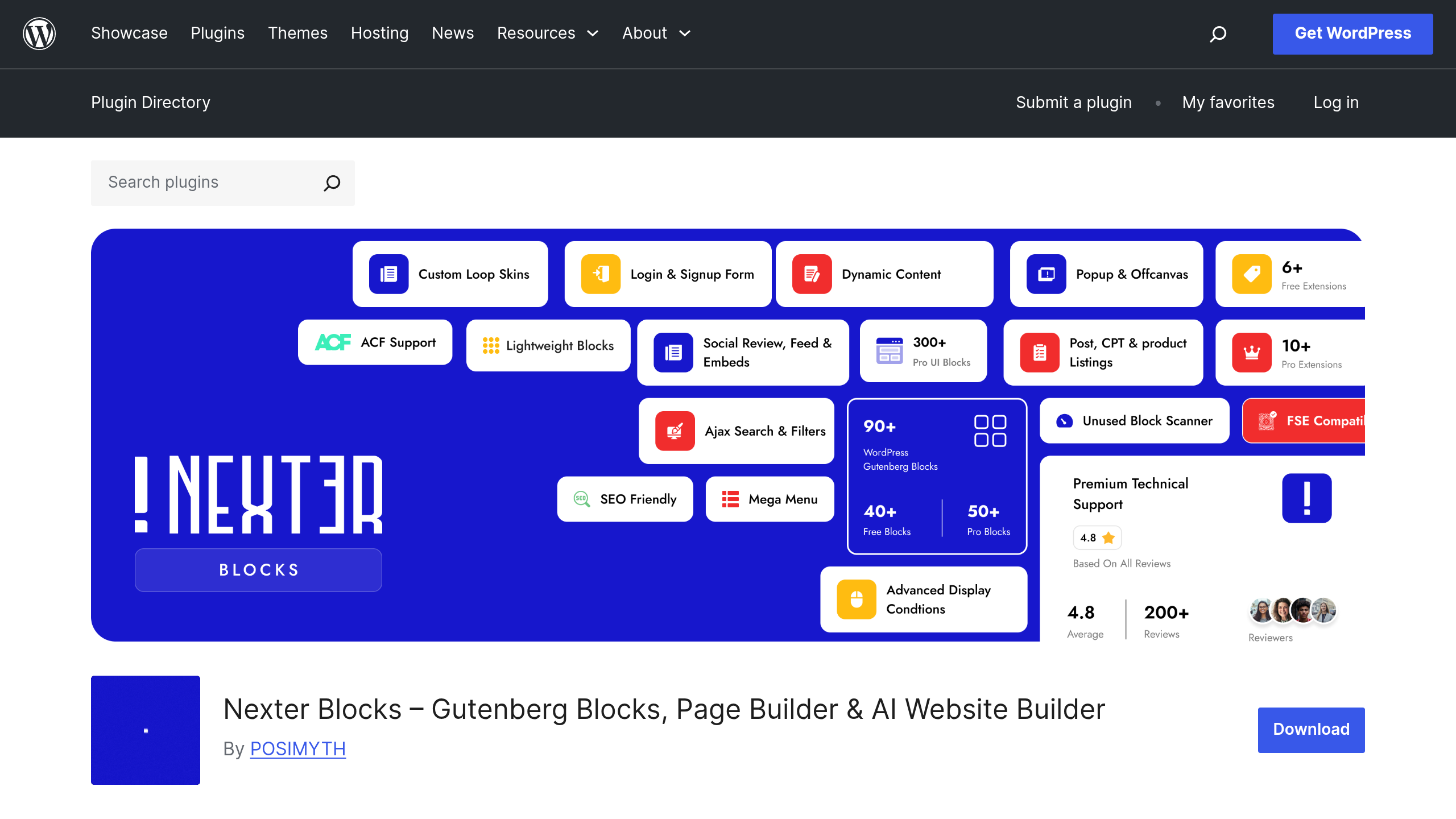 The Nexter Blocks listing in the WordPress.org plugin directory published by POSIMYTH, showing 90 plus Gutenberg blocks