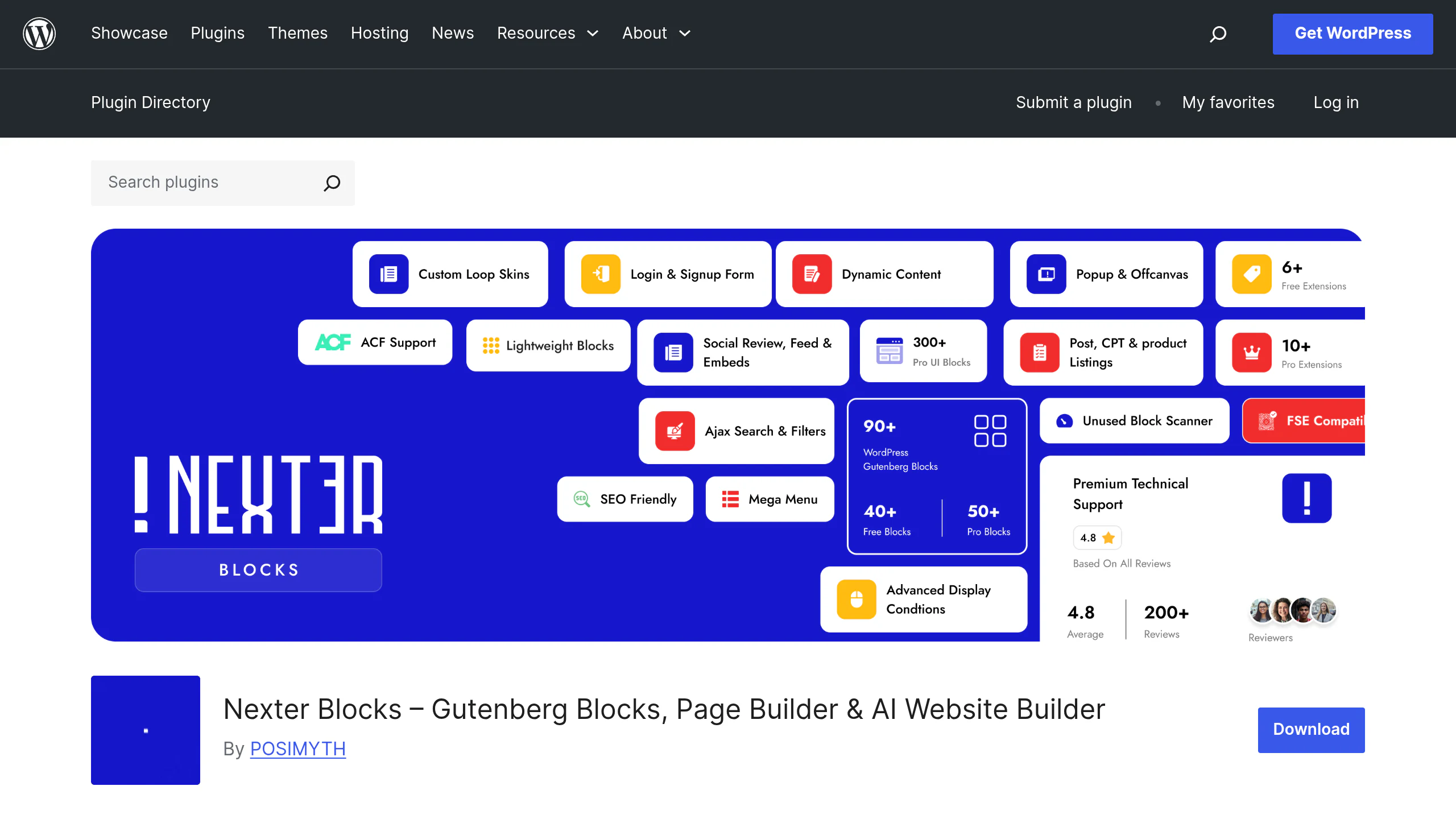 Nexter Blocks plugin page in the WordPress.org plugin directory, published by POSIMYTH