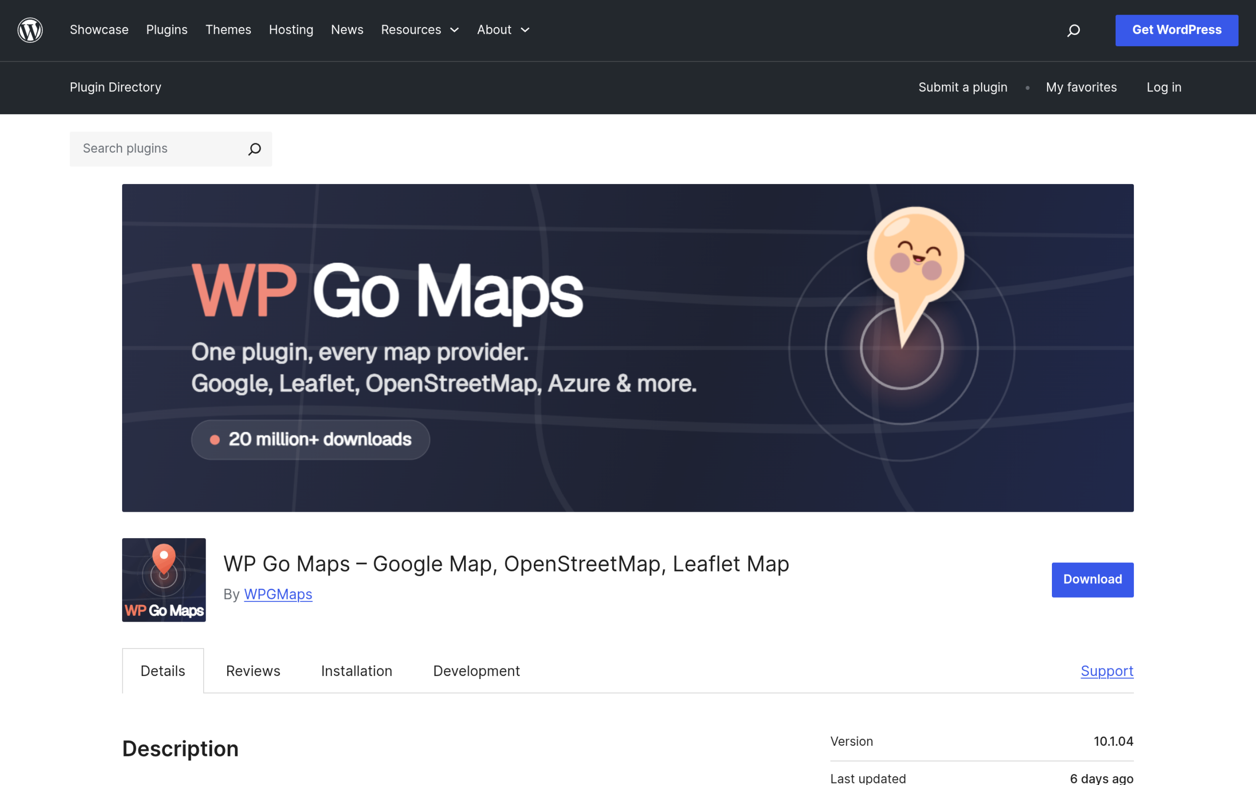 WP Go Maps plugin page on WordPress.org, a free Google Maps, Leaflet and OpenStreetMap plugin