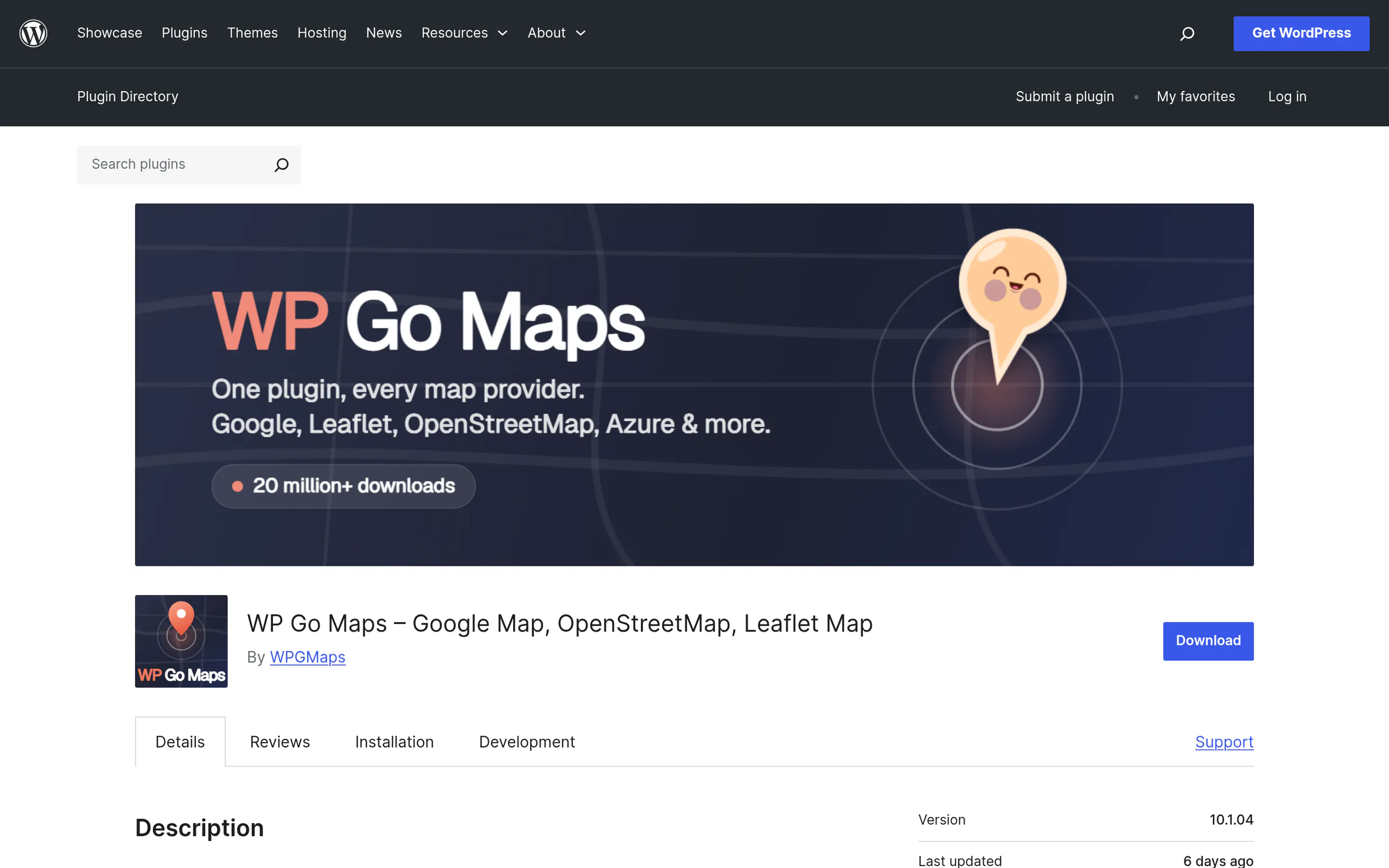 WP Go Maps plugin page on WordPress.org, a free Google Maps, Leaflet and OpenStreetMap plugin