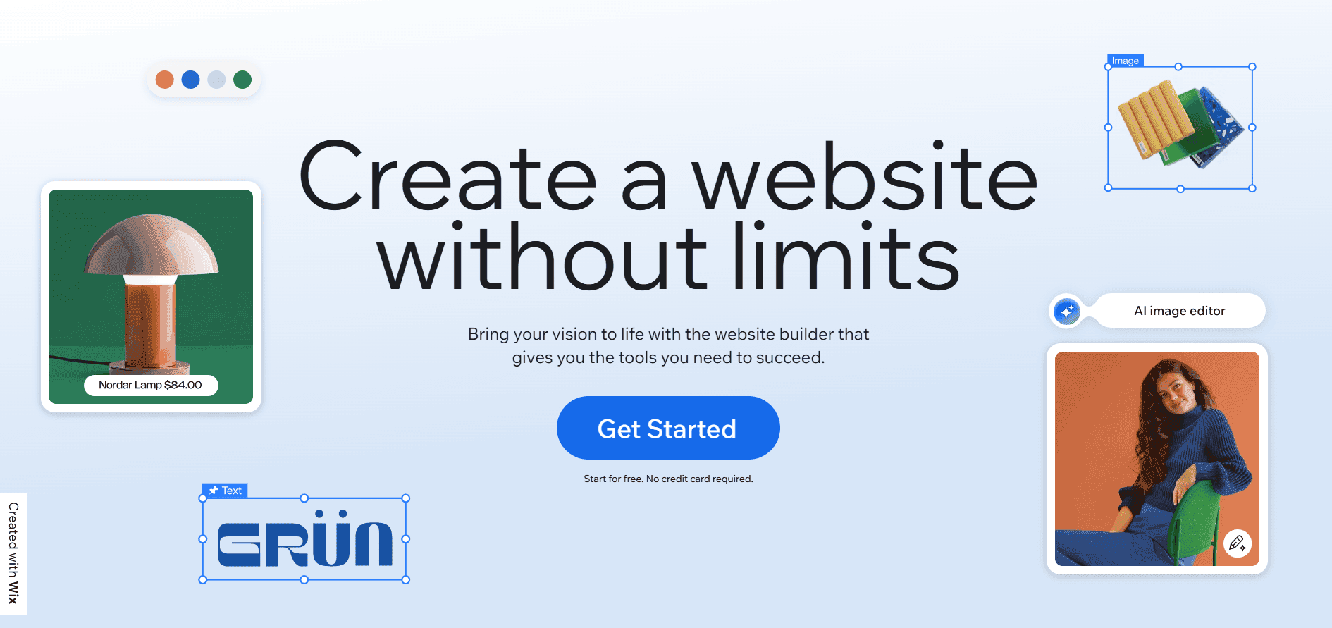 Wix landing page showing the Create a website without limits headline and Get Started button