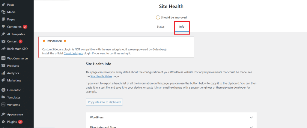 WordPress site health tool