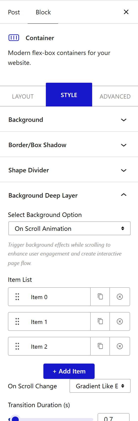 Background Deep Layer On Scroll Animation panel in the Container block