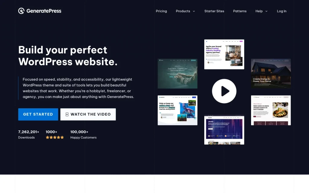 GeneratePress homepage with the headline Build your perfect WordPress website, captured 7 October 2026