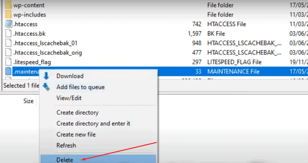 How to Fix WordPress Stuck in Maintenance Mode (4 Methods) 2 maintenance File 1