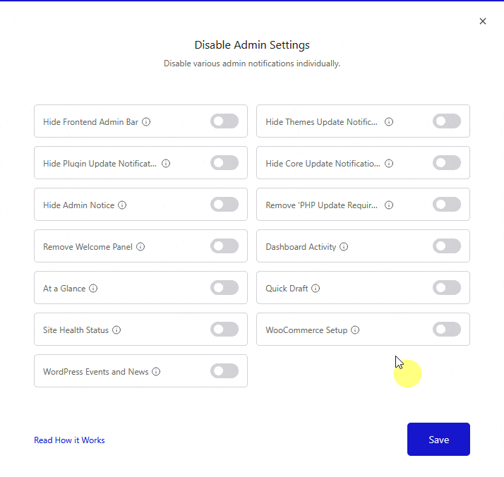 How to Disable the WordPress Dashboard Widgets? 3 disable admin settings popup