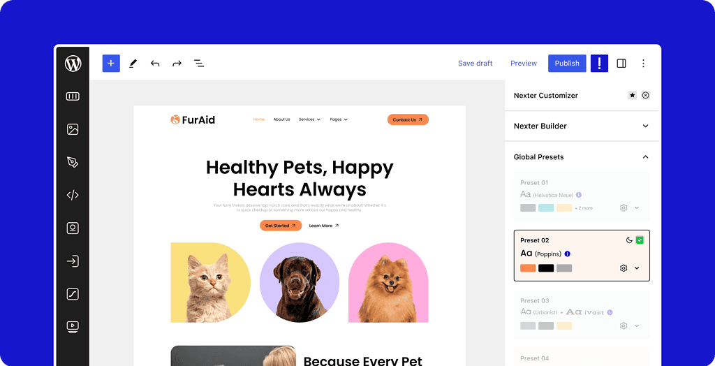 Nexter Global Styles Manager screen for setting sitewide fonts, brand color and spacing