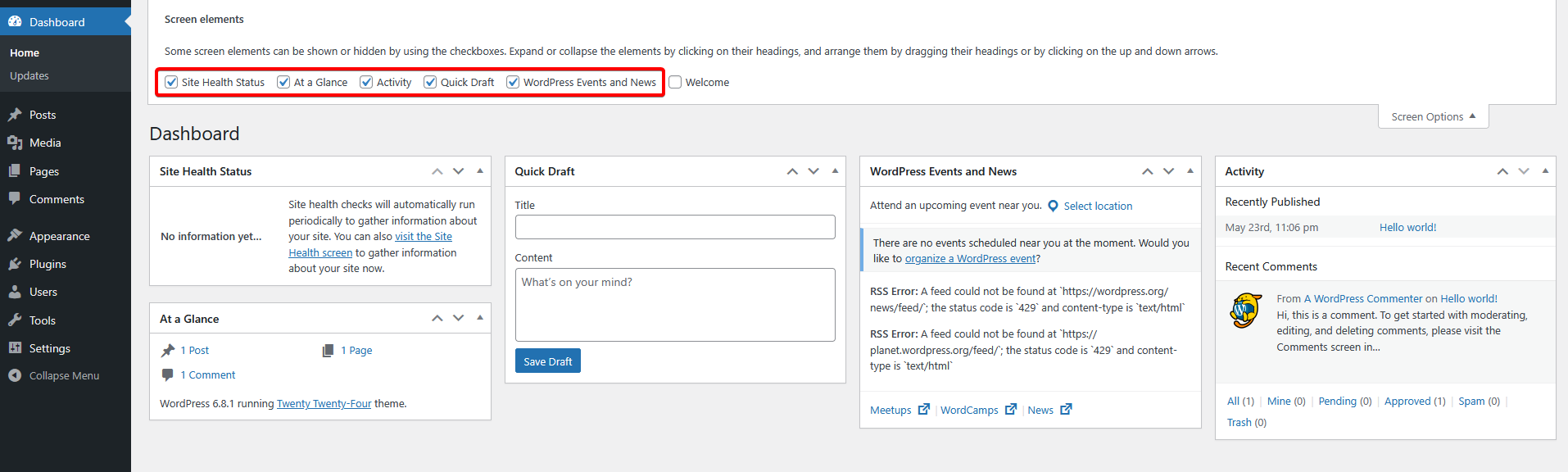 How to Disable the WordPress Dashboard Widgets? 1 screen options widgets