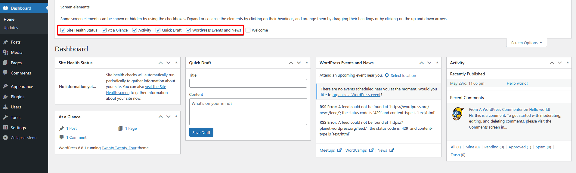 screen options widgets