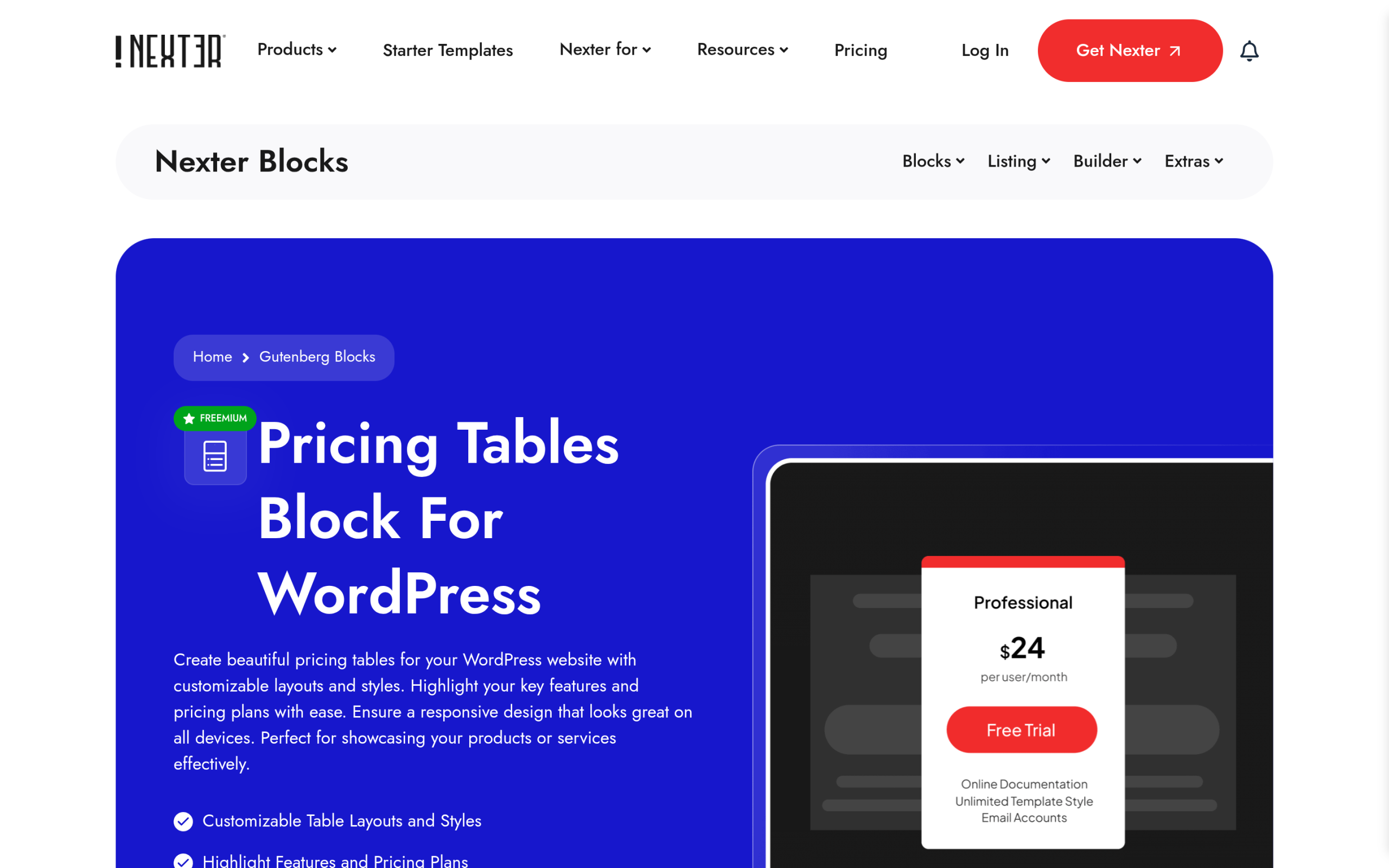 Nexter Blocks Pricing Table block page showing predesigned pricing table layouts for WordPress