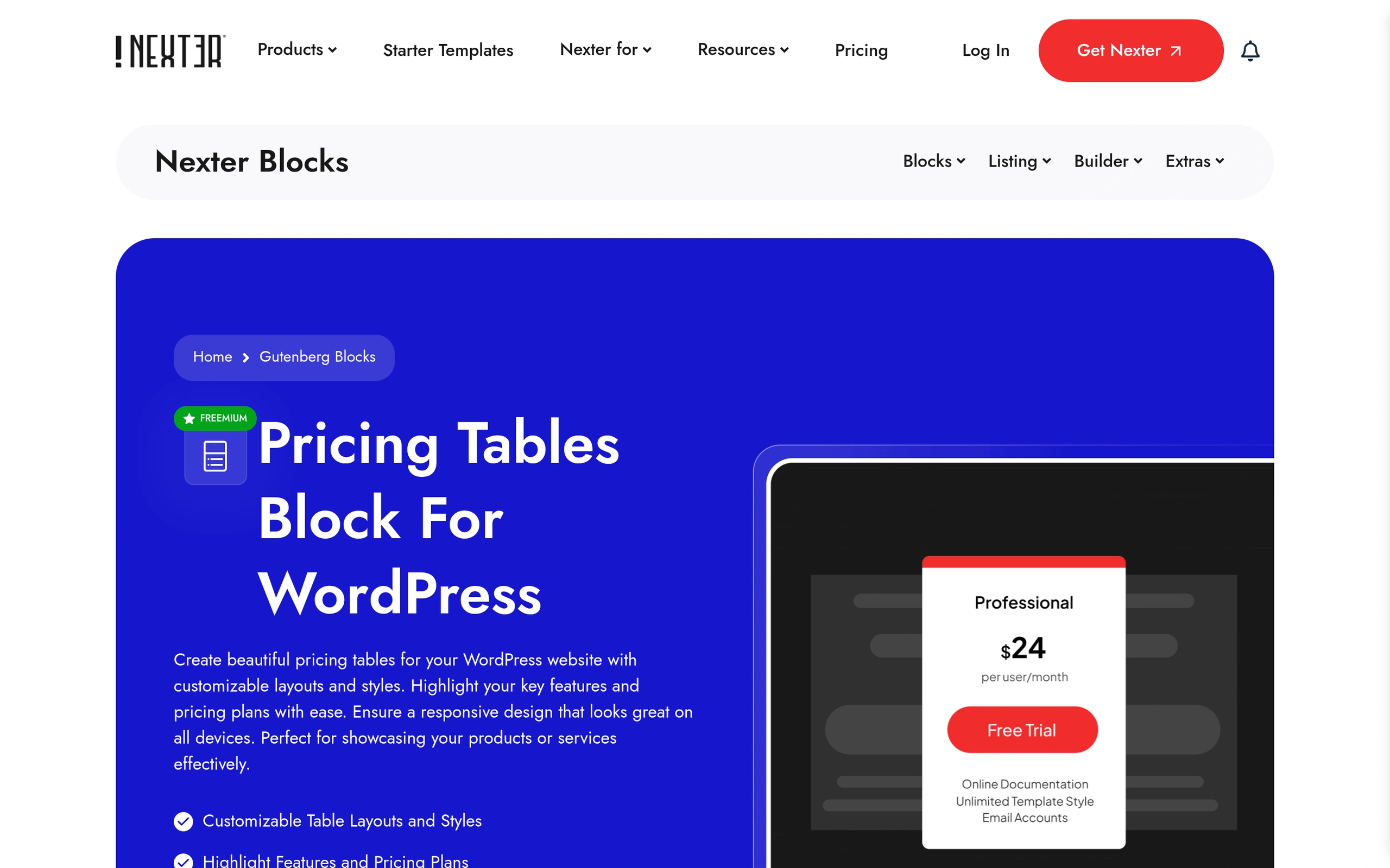 Nexter Blocks Pricing Table block page showing predesigned pricing table layouts for WordPress