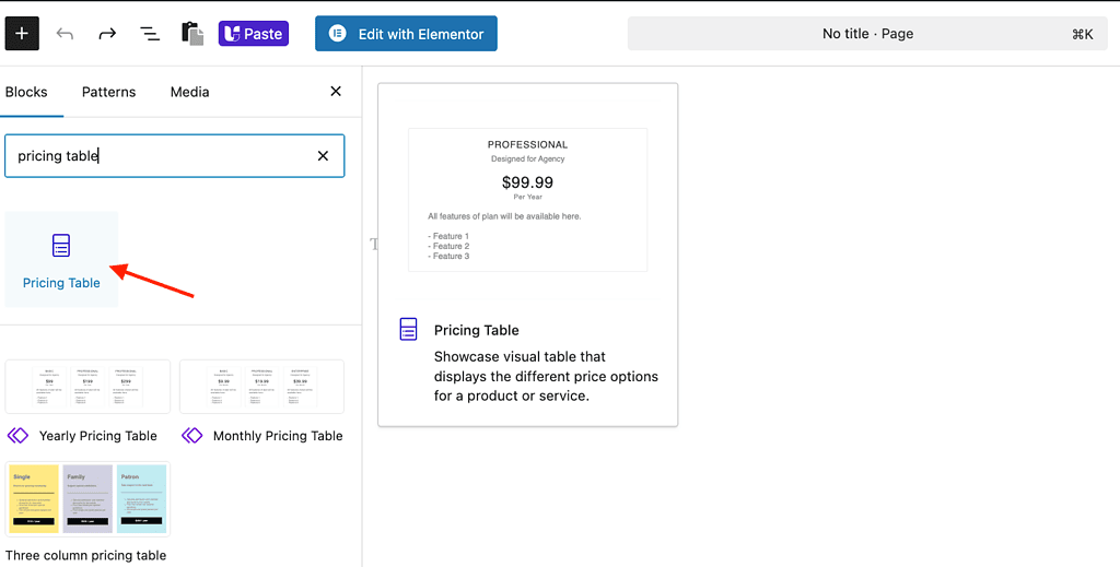 Pricing Table Block Image