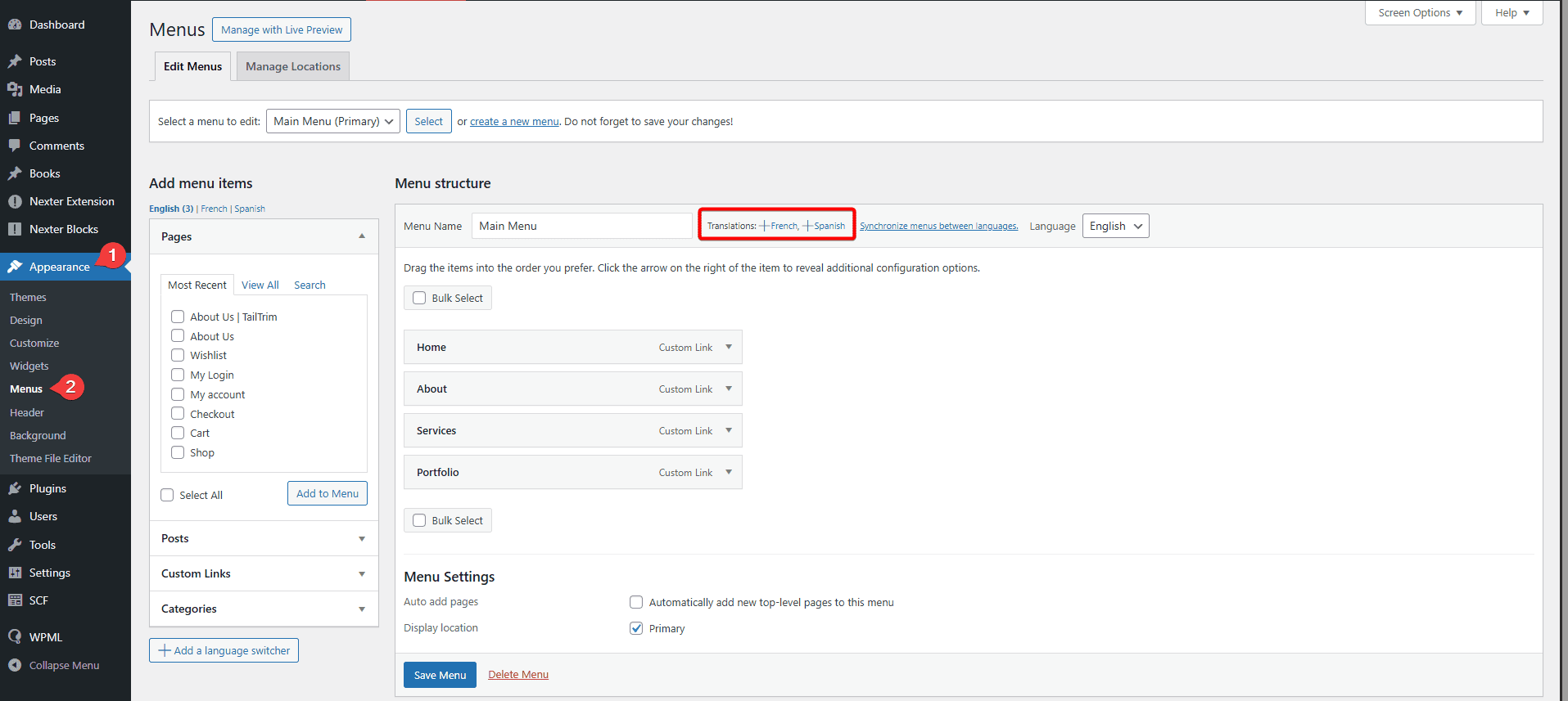 wpml add translation menu