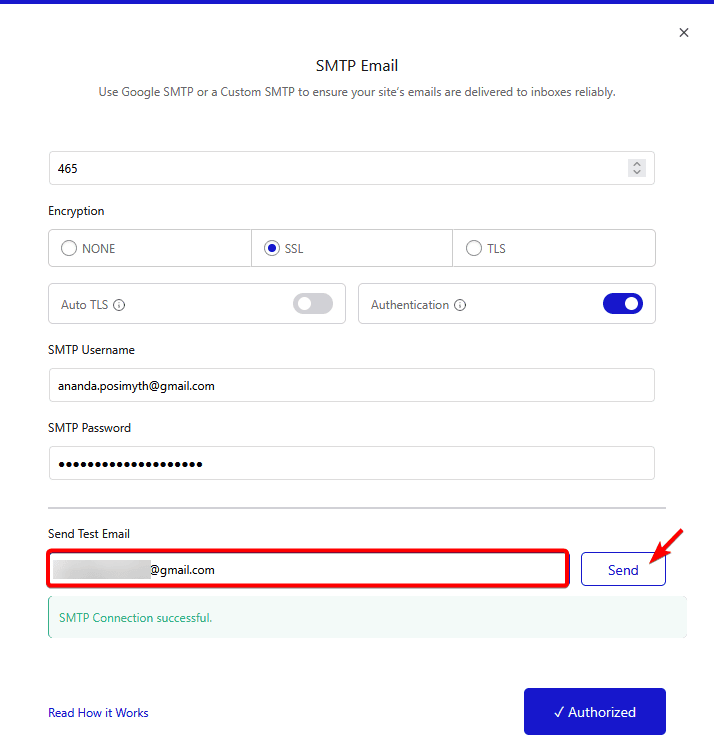 custom smtp gmail send test email new