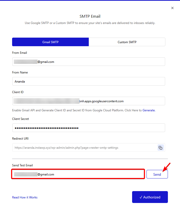 gmail smtp send test email new