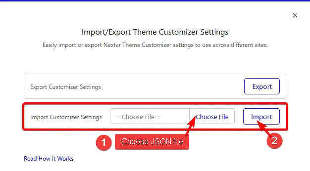 How to Import and Export Nexter Theme Customizer Settings? 3 import-export-nexter-customizer-popup-import
