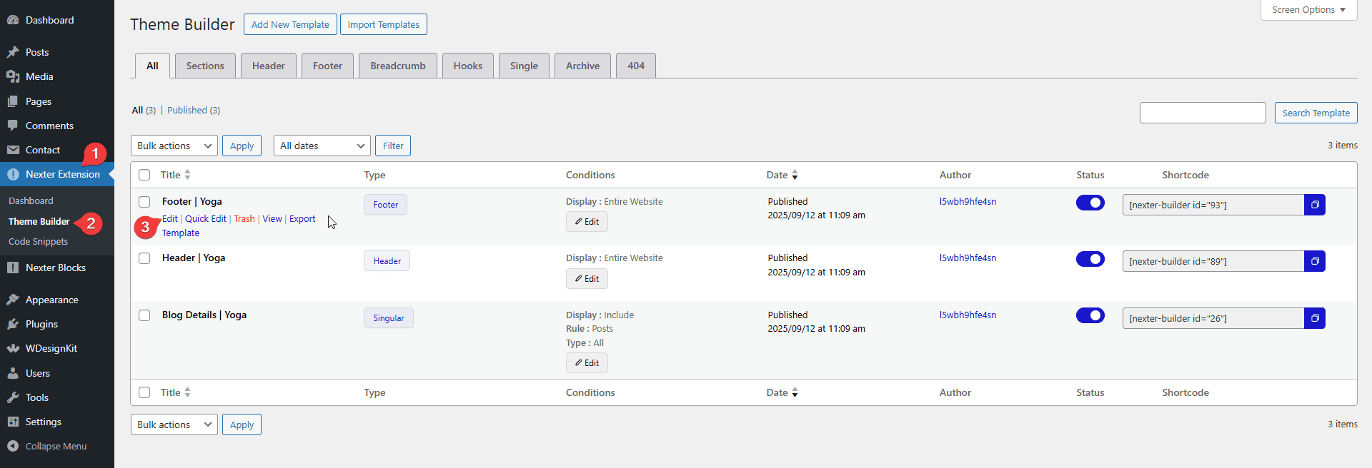nexter blocks edit theme builder template new