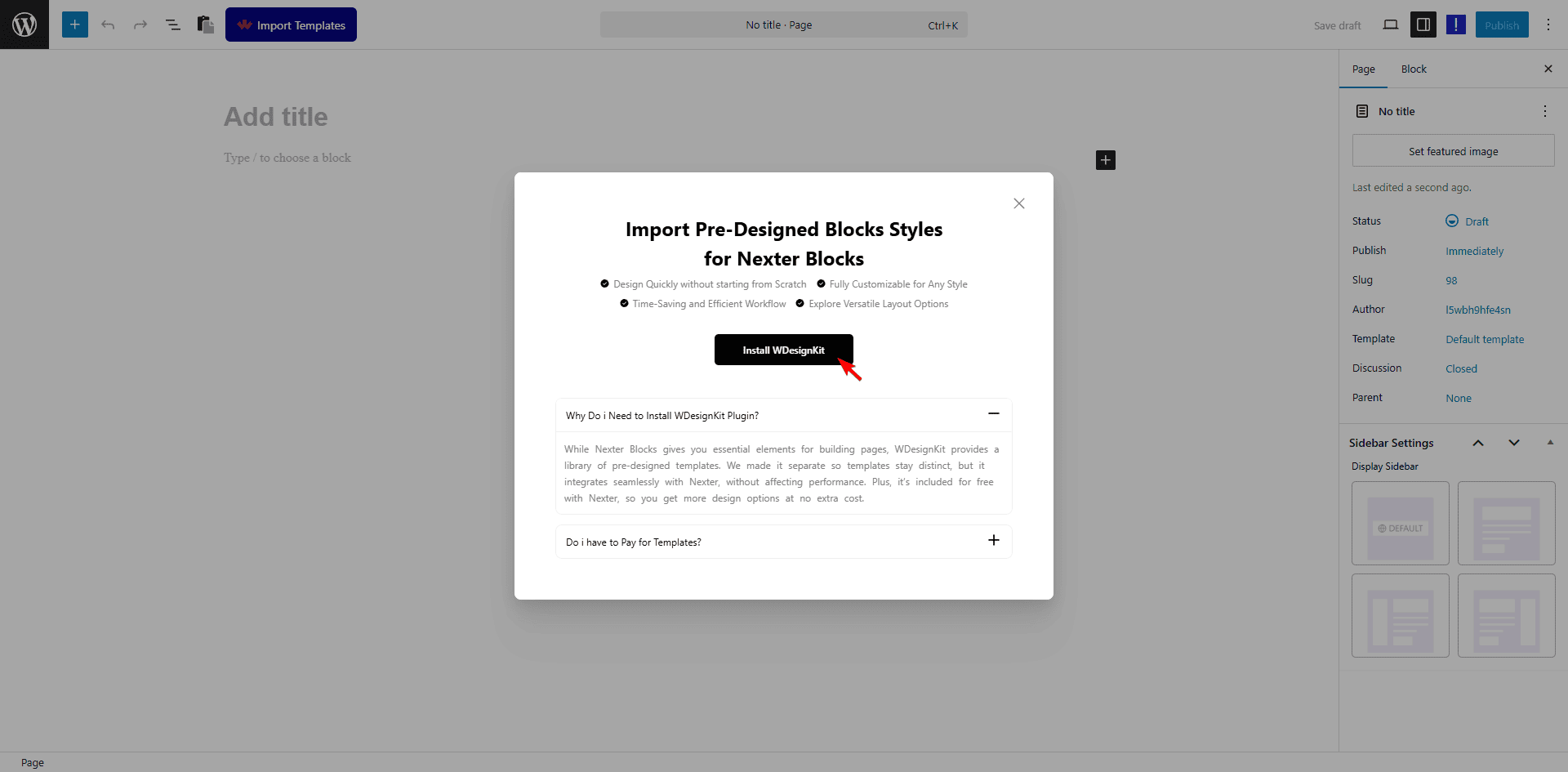 nexter blocks install wdesignkit popup editor new