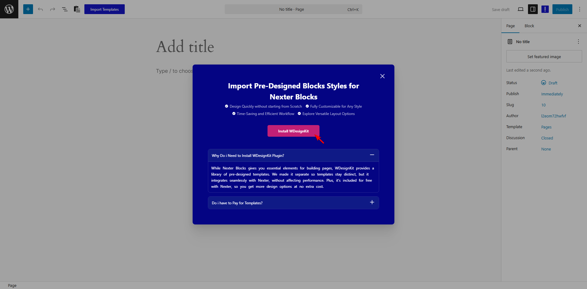 nexter blocks install wdesignkit popup editor