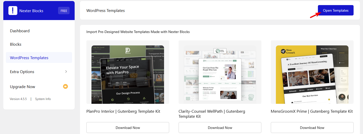 nexter blocks open templates