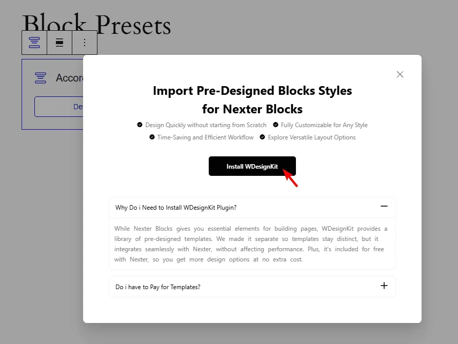 nexter blocks preset install wdesignkit popup new