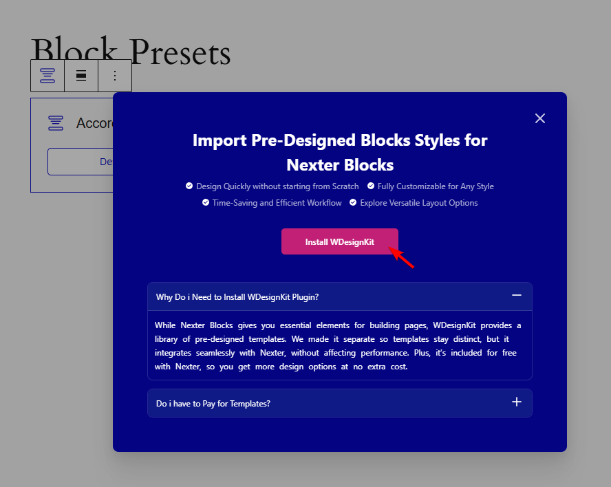 nexter blocks preset install wdesignkit popup