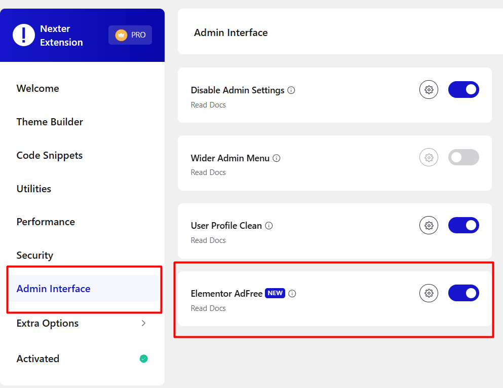 nexter extension pro admin interface