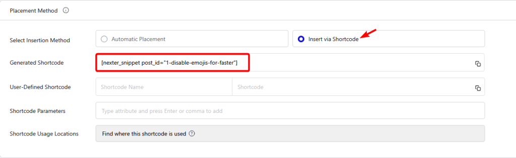 How to Add Code Snippets Using Shortcode? 1 placement method shortcode new