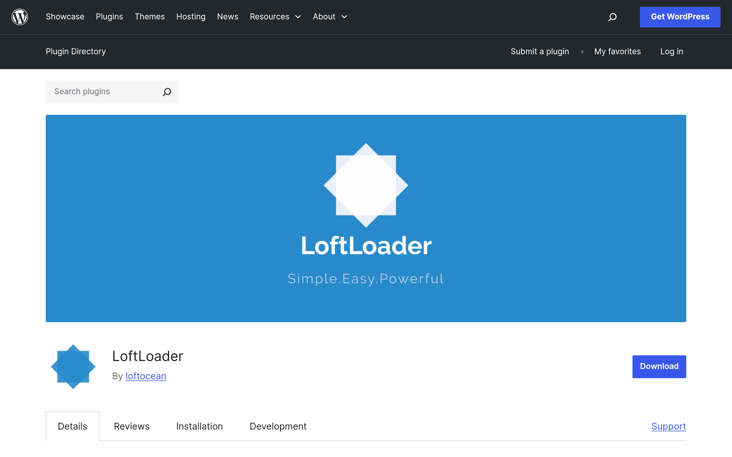 LoftLoader plugin page on WordPress.org, published by loftocean