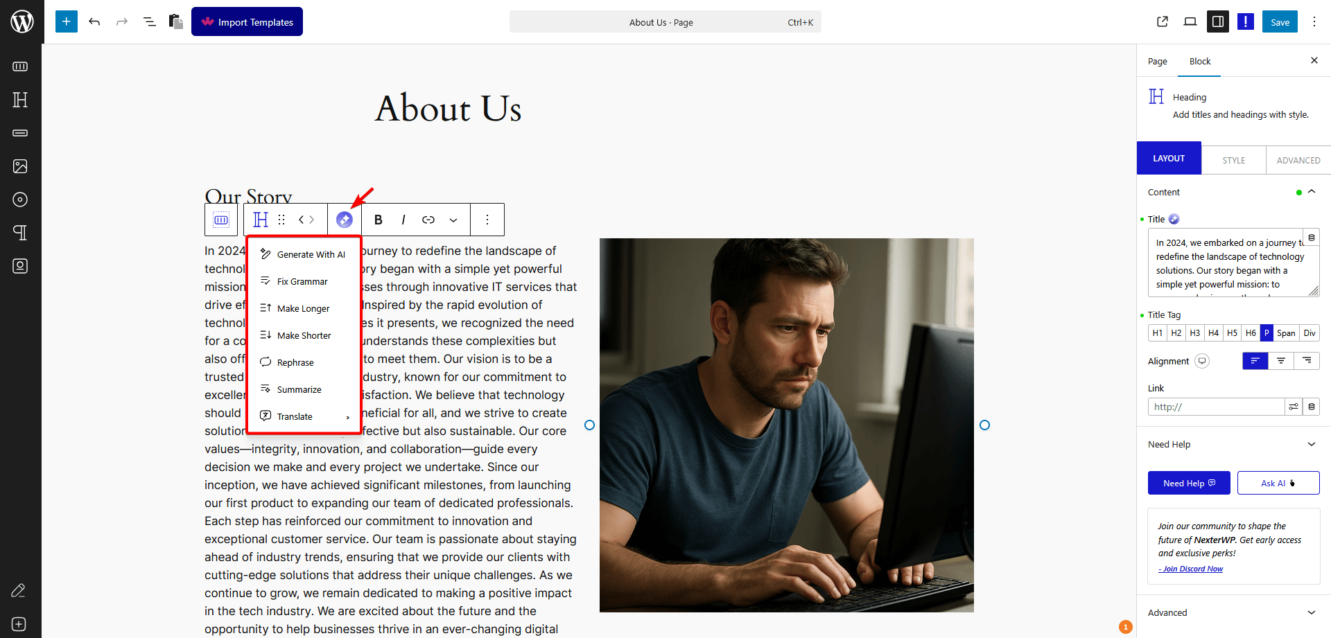 ai text modify settings