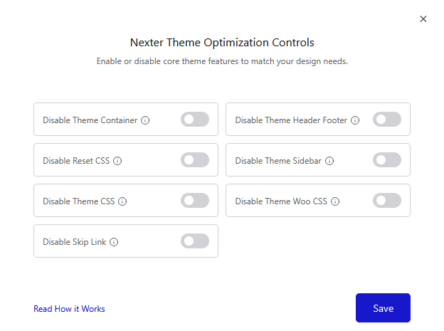 nexter theme optimization controls popup