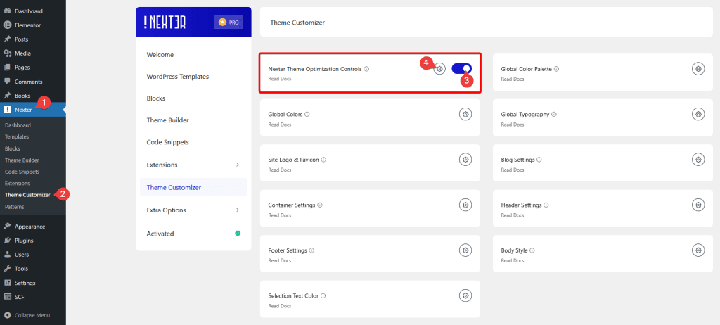 nexter theme optimization controls settings