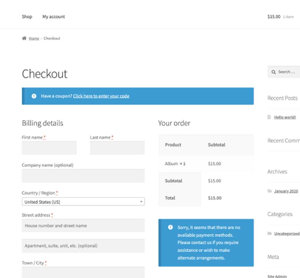 Default WooCommerce checkout page layout before styling with Nexter Blocks