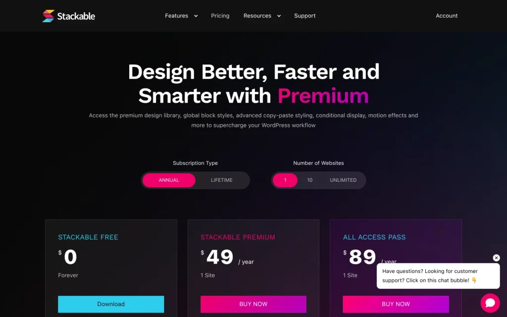 Stackable pricing page showing Free, Premium at $49 per year and All Access Pass at $89 per year, checked 7 October 2026
