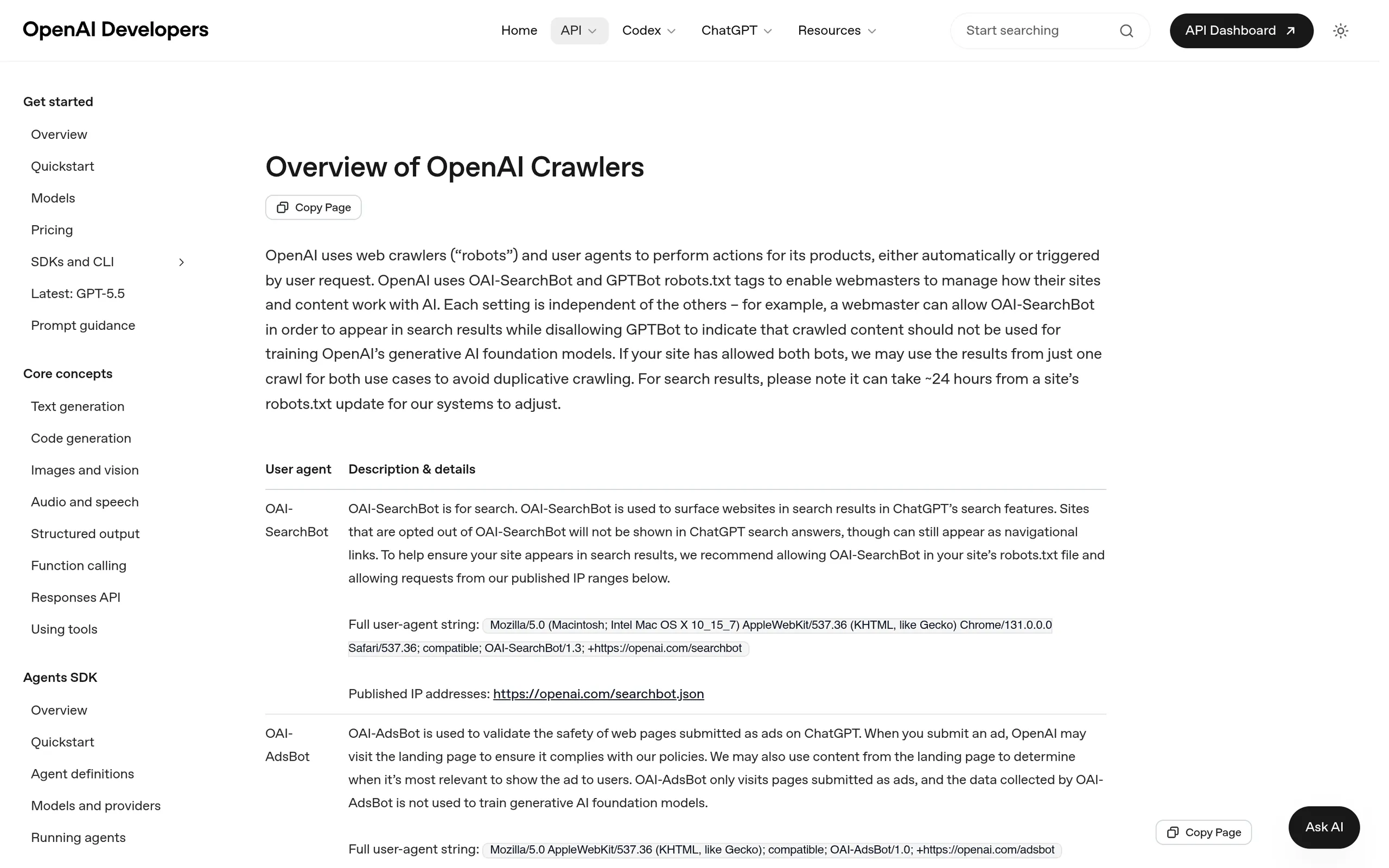 OpenAI crawler documentation listing OAI-SearchBot, GPTBot and ChatGPT-User