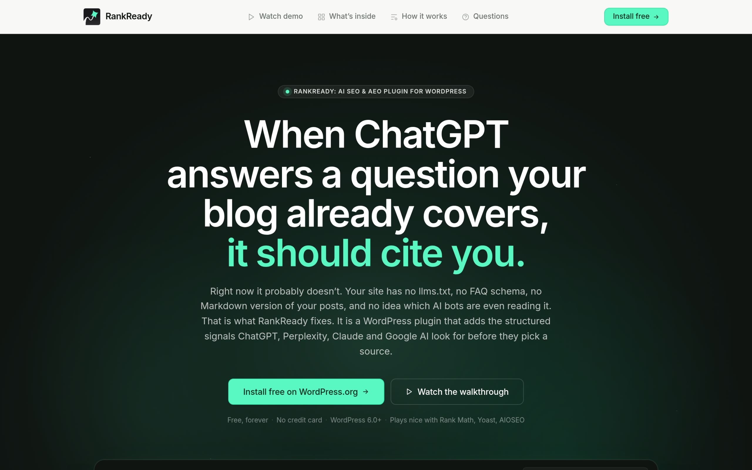 MCP vs API: What's the Difference, and When Your WordPress Site Needs Each RankReady WordPress plugin showing live AI crawler log and citation tracking